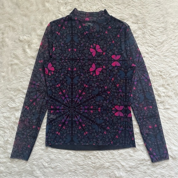 Ted Baker Top Kamill Printed Mesh Long Sleeve Butterfly Kaleidoscope Sz 8 - Picture 3 of 12